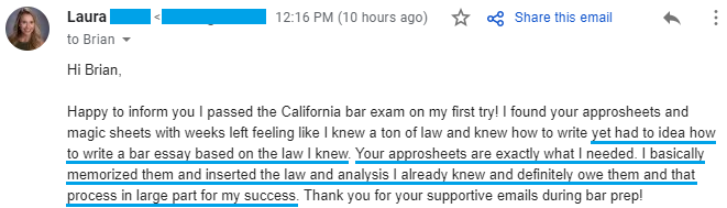 "I had no idea how to write a bar essay based on the law I knew. Your Approsheets are exactly what I needed."