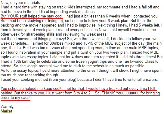 "You schedule helped me keep cool! If not for that, I would have freaked out every time I fell behind."