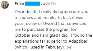 "In fact, it was your review of Uworld that convinced me to purchase the program for October and I am glad I did. I found the explanations far superior to Adaptibar (which I used in February)."