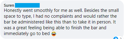 "Honestly went smoothly for me as well. Besides the small space to type, I had no complaints and would rather the bar be administered like this than to take it in person. It was a great feeling being able to finish the bar and immediately go to bed"