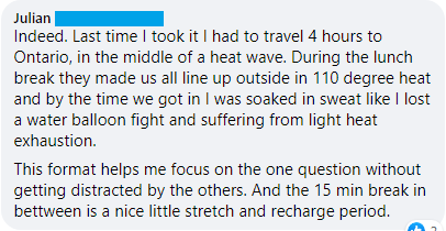 "This format helps me focus on the one question without getting distracted by the others. And the 15 min break in between is a nice little stretch and recharge period."