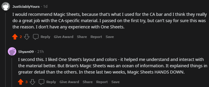 "I would recommend Magicsheets, because that's what I used for the CA bar and I think they really do a great job with the CA-specific material."
"I second this. . . . Brian's Magicsheets were an ocean of information. It explained things in greater detail than the others. In these last two weeks, Magicsheets HANDS DOWN."