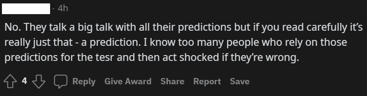 JD Advising talks "a big talk with all their predictions but if you read carefully it’s really just that - a prediction. I know too many people who rely on those predictions for the tesr and then act shocked if they’re wrong."