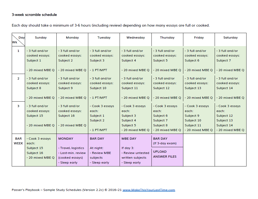 Bar exam study schedule sample for 3 weeks